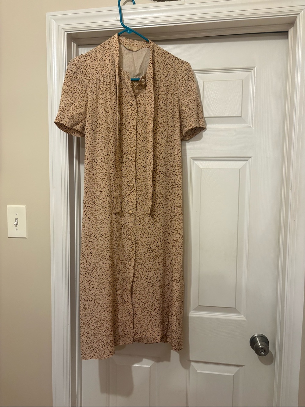 Light Tan Button-Up Midi Dress with Tie Neck